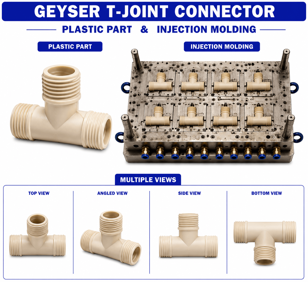 Geyser Plastic T-Joint Connector Mould and Moulding Service